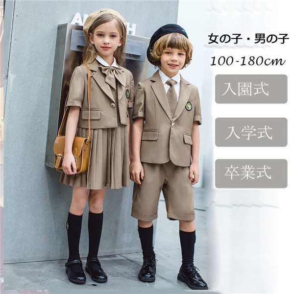 セット内容：女の子：ジャケット/シャツ/タックワンピース/リボン/ブローチ 5点セット男の子：ジャケット/シャツ/半ズボン/ネクタイ/ブローチ 5点セット状態：新品素材：コットン/ポリエステル&