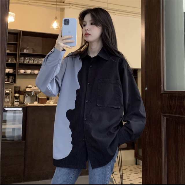 送料無料 個性的 春 服 秋 服 冬 服 2色 レディース トップス シャツ ブラウス 袖あり 長袖 二の腕カバー 襟付き レギュラーカラー 裾イン BIGシルエット 切り替えデザイン 前開き ボタン
