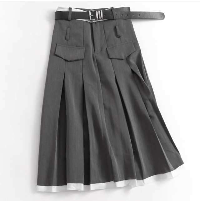 スカート ボトムス プリーツ タック 台形 送料無料 個性的 春服 夏服 秋服 冬服 ひざ丈 ひざ下 タイト ポケット ベルト INSスタイル インスタ映え SNS 映え 流行 トレンド 高見え 格上