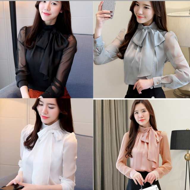 ブラウス／レディース チュニック ファッション シャツ 長袖 ネクタイ ボウシフォン タートルネック フォーマル プラスサイズ ３XL 韓国 おしゃれ 大人可愛い 清楚 グレー ピンク 黒 白 オフィ