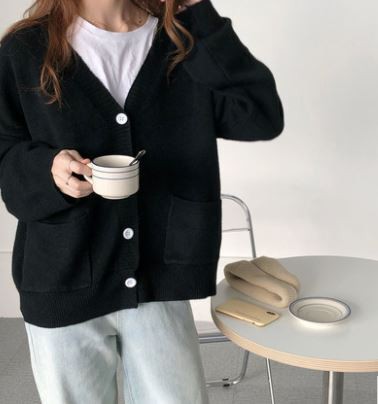 カーディガン/レディース セーターカーディガン Vネック 無地 フロントボタン S M L XL 4サイズ ブラック ホワイト ブルー 黒 白 青 あったか 春 秋 スプリング オータム カジュアル 