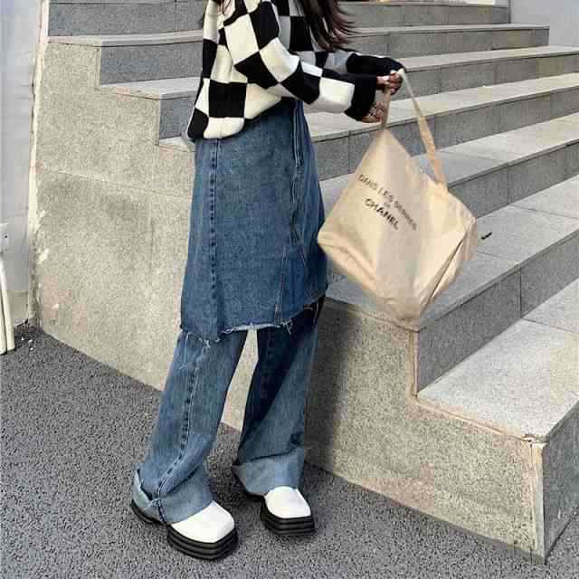 パンツ デニム ジーパン ジーンズ ライトブルー ストレート ワイド ロング ラップスカート レイヤード風 ウエストマーク カットオフ フリンジ ハイウエスト 個性的 かわいい シンプル カジュアル 