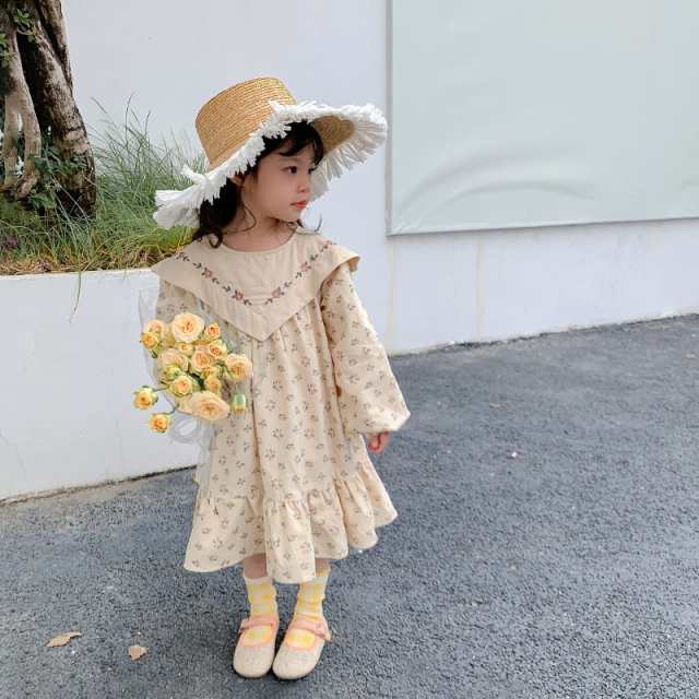 子供服花柄刺繍女の子ドレス2023春新作Vネック長袖子供気質お姫様ドレス おしゃれ キッズ