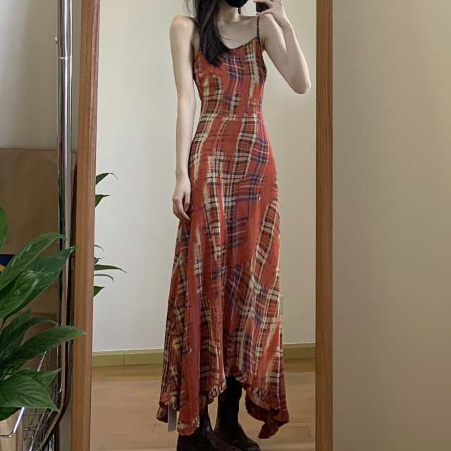 ワンピース レディース ドレス キャミワンピース ダイヤ 格子柄 チェック柄 ハイウエスト ラウンドネック ノースリーブ ミモレ丈 フレア レトロ 女っぽ 体型カバー 着痩せ おしゃれ 大人可愛い カ