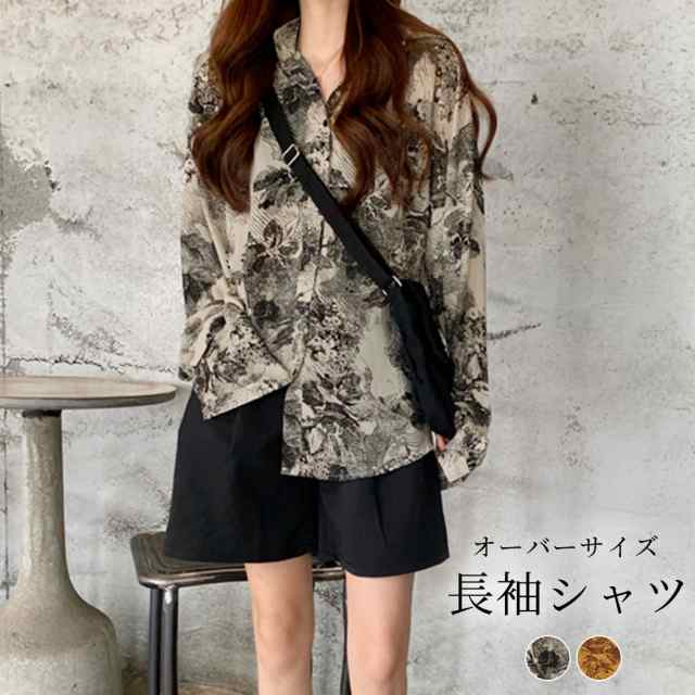 春新作 シャツ ブラウス レディース 長袖 春秋 トップス カットソー 総柄 柄シャツ 薄手 きれいめ ゆったり ルーズ 光沢 ニュアンス 背中 タック マニッシュ チュニック ポリエステル100% 