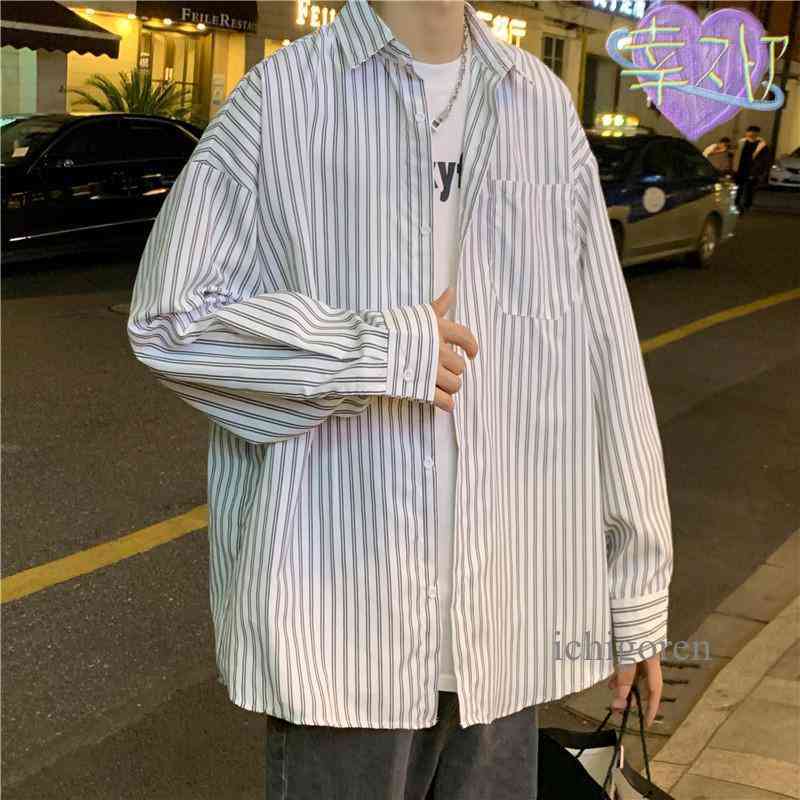 シャツ メンズ 長袖 オーバーサイズ ビッグシルエット ストライプ 柄 前開き 大きいサイズ 2XL オーバー ボタン カジュアルシャツ 春 秋